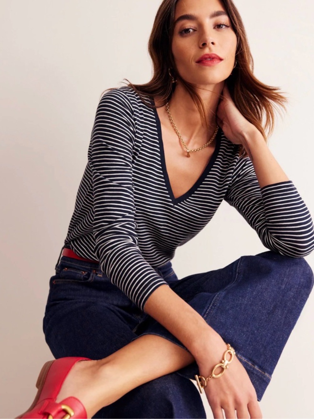 NWT - Boden - Striped V-Neck Long Sleeve Top in Navy and White
